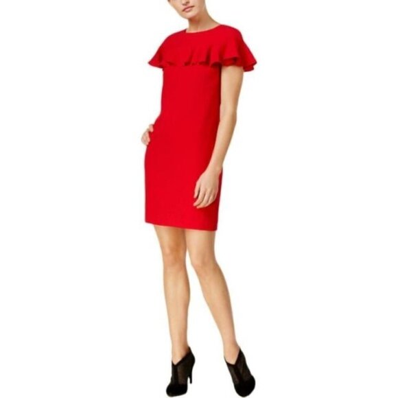NEW Trina Turk Size 2 Shimmer Ruffled Sheath Dress Short sleeve Cocktail Red - Picture 1 of 12